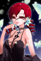 Rule 34 | 1girl, arm up, armpits, bare shoulders, breasts, bug, butterfly, choker, cross, cross necklace, dress, drill hair, flower, glasses, bug, jewelry, large breasts, lowres, necklace, no bra, open mouth, red eyes, red hair, smile, solo, strap gap, sword girls, ubina, vernika answer