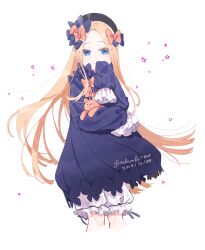 Rule 34 | 1girl, abigail williams (fate), absurdres, beret, black bow, black hat, blonde hair, bloomers, blue eyes, bow, closed mouth, covering own mouth, cropped legs, dated, dress bow, fate/grand order, fate (series), forehead, frilled sleeves, frills, hair bow, hand up, hat, highres, holding, holding stuffed toy, long hair, looking at viewer, multiple hair bows, nibinibi1030, orange bow, parted bangs, simple background, sleeves past fingers, sleeves past wrists, smile, solo, stuffed animal, stuffed toy, teddy bear, twitter username, underwear, very long hair, white background, white bloomers