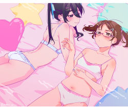 Rule 34 | 2girls, black hair, blush, bra, breasts, brown hair, cameltoe, character request, female focus, glasses, hair ornament, hairclip, lying, multiple girls, navel, nikubou maranoshin, on back, on bed, on stomach, panties, small breasts, smile, twintails, ukagaka, underwear