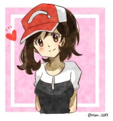 Rule 34 | 1girl, baseball cap, black shirt, breasts, brown eyes, brown hair, closed mouth, creatures (company), elaine (pokemon), female focus, game freak, happy, hat, heart, looking at viewer, nintendo, pokemon, pokemon lgpe, rean 0547, red hat, shirt, small breasts, smile, solo, upper body