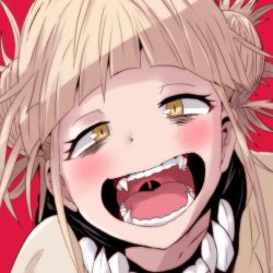 Rule 34 | 10s, 1girl, bags under eyes, blonde hair, blunt bangs, blush, boku no hero academia, crazy smile, double bun, fangs, female focus, hair bun, half-closed eyes, kuromu (underporno), open mouth, portrait, red background, scarf, sharp teeth, short twintails, simple background, slit pupils, smile, solo, teeth, toga himiko, twintails, uvula, yandere trance, yellow eyes