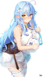 Rule 34 | 1girl, absurdres, ahoge, armpit crease, bare shoulders, belt, blue bow, blue bowtie, blue hair, blush, bottle, bow, bowtie, braid, breasts, brown belt, closed mouth, cowboy shot, dress, flower, frilled thighhighs, frills, hair flower, hair ornament, hand up, heart, heart ahoge, highres, holding, holding bottle, hololive, large breasts, light blue hair, long hair, looking at viewer, nanaushi, plaid, plaid bow, plaid bowtie, pointy ears, pout, see-through, see-through skirt, side braid, sidelocks, signature, skirt, snowflake print, solo, standing, stuffed animal, stuffed toy, thighhighs, virtual youtuber, white background, white dress, yellow eyes, yukihana lamy, yukihana lamy (1st costume), yukimin (yukihana lamy), zettai ryouiki
