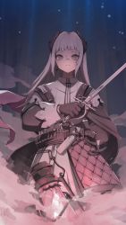 Rule 34 | 1girl, absurdres, arknights, belt, black gloves, black jacket, closed mouth, commentary, earrings, gloves, grey eyes, grey hair, gun, head wings, high-waist skirt, highres, holding, holding sword, holding weapon, if f, irene (arknights), jacket, jewelry, lantern, layered skirt, light rays, long hair, long sleeves, looking at viewer, puffy long sleeves, puffy sleeves, purple skirt, rapier, scar, scar across eye, scar on face, serious, sidelocks, skirt, smoke, solo, sword, weapon, white skirt, wings