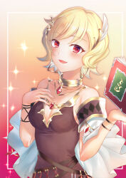 Rule 34 | 1girl, blonde hair, book, brown dress, citrinne (fire emblem), dress, earrings, feather hair ornament, feathers, fire emblem, fire emblem engage, gold choker, gold trim, hair ornament, highres, holding, holding book, hoop earrings, jewelry, leather wrist straps, mismatched earrings, nintendo, ponntatta, red eyes, solo, wing hair ornament