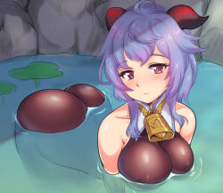 Rule 34 | 1girl, all fours, artist request, ass, bare shoulders, blue hair, blush, bodysuit, breasts, cowbell, ganyu (genshin impact), genshin impact, horns, large breasts, long hair, looking at viewer, pantyhose, purple eyes, shiny clothes, shiny skin, solo, water