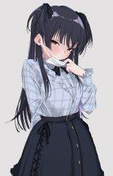 Rule 34 | 1girl, absurdres, black bow, black hair, black skirt, blue shirt, blunt bangs, blush, bouen, bow, breasts, brown eyes, buttons, chromatic aberration, closed mouth, cowboy shot, frilled shirt, frills, gradient background, grey background, grey shirt, hair bow, hand up, high-waist skirt, highres, idolmaster, idolmaster shiny colors, long hair, long sleeves, looking at viewer, mask, mask pull, mayuzumi fuyuko, medium breasts, mouth mask, plaid, plaid shirt, pulling own clothes, shirt, skirt, solo, standing, surgical mask, sweat, two side up, very long hair