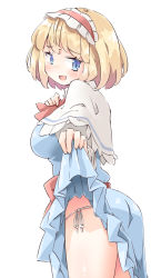 Rule 34 | 1girl, alice margatroid, arnest, blonde hair, blue dress, blue eyes, blush, capelet, clothes lift, commentary, dress, looking at viewer, neck ribbon, open mouth, panties, red ribbon, ribbon, short hair, side-tie panties, side-tie peek, simple background, skirt, skirt lift, smile, solo, touhou, underwear, white background, white capelet, white panties