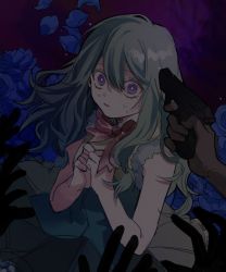 Rule 34 | 1girl, ababuababeababa, bad id, bad twitter id, blue flower, blue rose, disembodied limb, flower, grey hair, gun, highres, hitobashira alice (vocaloid), kusanagi nene, own hands clasped, own hands together, petals, project sekai, purple eyes, ribbon, rose, scared, sleeveless, solo, vocaloid, weapon