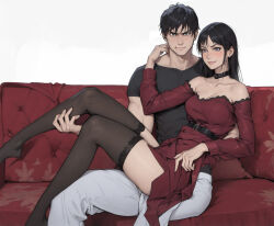 Rule 34 | 1boy, 1girl, bare shoulders, black hair, black shirt, blunt bangs, closed mouth, dress, fushiguro touji, green eyes, hair between eyes, hair spread out, hands on another&#039;s face, highres, horror (theme), jujutsu kaisen, kawakami tomie, lips, long hair, looking to the side, mature male, mole, mole under eye, purple eyes, red dress, scar, scar on face, scar on lip, shirt, short hair, simple background, sleeveless, sleeveless dress, tomie, white background