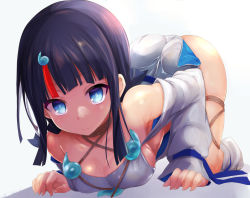 Rule 34 | 1girl, all fours, ass, bare shoulders, black hair, blue eyes, blue ribbon, blush, breasts, collarbone, detached leggings, dress, fate/grand order, fate/requiem, fate (series), jewelry, large breasts, long sleeves, looking at viewer, magatama, magatama hair ornament, magatama necklace, medium hair, multicolored hair, necklace, pelvic curtain, pink hair, puffy long sleeves, puffy sleeves, ribbon, sen (astronomy), short dress, sideboob, sideless outfit, solo, streaked hair, thigh strap, thighs, top-down bottom-up, utsumi erice, white dress, white legwear