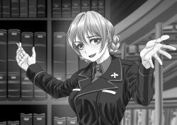 Rule 34 | 1girl, alternate costume, blurry, blurry background, braid, darjeeling (girls und panzer), depth of field, dress shirt, girls und panzer, greyscale, highres, indoors, insignia, jacket, kuromorimine military uniform, library, long sleeves, looking at viewer, military uniform, monochrome, open mouth, outstretched arms, shirt, short hair, smile, solo, spread arms, textless version, tigern (tigern28502735), twin braids, uniform, wing collar