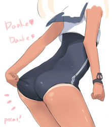 Rule 34 | 10s, 1girl, ass, child, clothes pull, engiyoshi, head out of frame, highres, kantai collection, one-piece swimsuit, one-piece swimsuit pull, one-piece tan, ro-500 (kancolle), sailor collar, school swimsuit, solo, swimsuit, swimsuit under clothes, tan, tanline