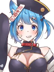 Rule 34 | 1girl, alternate costume, animal collar, animal ear piercing, animal ears, bandaid, bandaid on cheek, bandaid on face, black bow, black hat, black sleeves, blue eyes, blue hair, blush, bow, breasts, candy hair ornament, cleavage, cleavage cutout, clothing cutout, collar, commentary request, detached sleeves, dog ears, dog girl, earrings, food-themed hair ornament, grin, hair ornament, hat, heart, highres, jewelry, jiangshi costume, large breasts, looking at viewer, lovermoonlight, medium bangs, nanashi inc., ofuda, one side up, paw print, qingdai guanmao, short hair, simple background, single earring, smile, solo, souya ichika, upper body, v-shaped eyebrows, virtual youtuber, white background