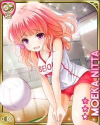 Rule 34 | 1girl, :o, ball, bow, buruma, court, english text, girlfriend (kari), holding, indoors, jacket, looking at viewer, net, nitta moeka, official art, open mouth, pink bow, pink hair, playing sports, purple eyes, qp:flapper, shirt, shoes, short hair, smile, sneakers, socks, standing, tagme, volleyball, volleyball (object), volleyball serve, white shirt, wooden floor