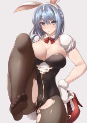 Rule 34 | 10s, 1girl, animal ears, areola slip, black pantyhose, blue eyes, blue hair, blush, bow, bowtie, breasts, cleavage, detached collar, fake animal ears, feet, female focus, foot focus, gloves, granblue fantasy, hand on own hip, high heels, highres, holding, large breasts, leg up, leotard, looking at viewer, matching hair/eyes, no shoes, pantyhose, playboy bunny, rabbit ears, ruton-niki, short hair, simple background, soles, solo, therese (granblue fantasy), toes, torn clothes, torn pantyhose, white gloves