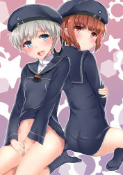 Rule 34 | 10s, 2girls, ass, beret, brown eyes, brown hair, clothes lift, covering privates, covering crotch, dress, dress lift, green eyes, hat, interstellar, kantai collection, military, military uniform, multiple girls, navel, no panties, pussy juice, silver hair, sitting, socks, uniform, wariza, z1 leberecht maass (kancolle), z3 max schultz (kancolle)