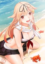 Rule 34 | 10s, 1girl, 2016, :d, artist name, bad id, bad pixiv id, bare shoulders, beach, between legs, bikini, bikini skirt, black ribbon, black skirt, blonde hair, breasts, crab, dated, fang, green eyes, hair flaps, hair ornament, hair ribbon, hairclip, hand between legs, kantai collection, long hair, looking at viewer, medium breasts, messy hair, ocean, open mouth, outdoors, pleated skirt, red eyes, ribbon, sand, scarf, sitting, skirt, smile, starfish, swimsuit, thealagator, wariza, water, yuudachi (kancolle)