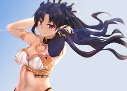 Rule 34 | 1girl, armlet, armpits, arms up, bikini, black bikini, black bow, black hair, blue background, blush, bow, breasts, cleavage, closed mouth, collarbone, detached collar, detached sleeves, earrings, fate/grand order, fate (series), gradient background, hair bow, hands in hair, highres, hoop earrings, ishtar (fate), jewelry, long hair, long sleeves, looking at viewer, medium breasts, mismatched bikini, navel, parted bangs, red eyes, ryouya, single detached sleeve, smile, solo, stomach, strapless, strapless bikini, swimsuit, two side up, very long hair, wavy hair, white bikini