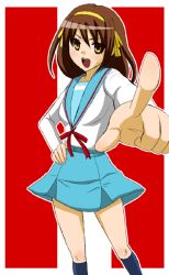 Rule 34 | 00s, 1girl, blue skirt, border, brown hair, facing viewer, feet out of frame, foreshortening, hairband, hand on own hip, looking at viewer, miniskirt, outline, outside border, pleated skirt, pointing, pointing at viewer, purple socks, school uniform, serafuku, skirt, socks, solo, standing, suzumiya haruhi, suzumiya haruhi no yuuutsu, tagme, white border, white outline, yellow eyes, yellow hairband