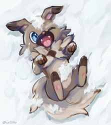 Rule 34 | ;d, blue eyes, commentary request, creatures (company), fangs, full body, game freak, gen 7 pokemon, highres, ice22poke, lying, nintendo, no humans, on back, one eye closed, open mouth, pokemon, pokemon (creature), rockruff, smile, snow, solo, toes, tongue, twitter username