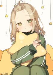 Rule 34 | 1girl, absurdres, bangs pinned back, blush, brown eyes, brown hair, commentary request, forehead, green eyes, green jacket, green pants, head tilt, heterochromia, highres, hugging object, ibara muan, jacket, long sleeves, looking at viewer, original, pants, parted lips, puffy long sleeves, puffy sleeves, simple background, sleepy, sleeves past wrists, sofra, solo, star (symbol), track jacket, track pants, track suit, translation request, white background