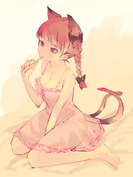 Rule 34 | 1girl, alternate costume, animal ears, bad id, bad pixiv id, bare legs, bare shoulders, barefoot, black bow, bow, braid, breasts, brushing teeth, cat ears, cat tail, cleavage, dress, full body, hair bow, highres, kaenbyou rin, medium breasts, pink dress, red eyes, red hair, short hair with long locks, sitting, solo, tail, toothbrush, touhou, towako (10wk0), twin braids