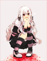 Rule 34 | 1girl, :d, asymmetrical legwear, bow, braid, frilled skirt, frills, full body, hair bow, hair ornament, hair ribbon, hairclip, hands on own cheeks, hands on own face, head rest, headrest, highres, kagerou project, kozakura marry, long hair, looking at viewer, nanase09rr, open mouth, red eyes, ribbon, shoes, silver hair, simple background, skirt, smile, socks, solo, squatting, striped clothes, striped socks, striped thighhighs, thighhighs, twin braids, uneven legwear
