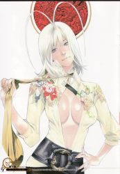 Rule 34 | 1girl, ahoge, antenna hair, belt, breasts, cleavage, female focus, hand on own hip, highres, large breasts, looking at viewer, natsume maya, necktie, no bra, official art, oogure ito, open clothes, short hair, silver hair, simple background, smile, solo, standing, tenjou tenge, white eyes