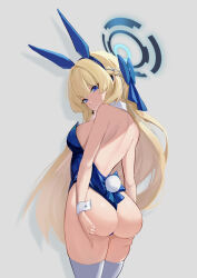 Rule 34 | 1girl, absurdres, animal ears, ass, ass support, backless leotard, bare shoulders, blonde hair, blue archive, blue eyes, blue hair, blue leotard, breasts, closed mouth, cowboy shot, detached collar, fake animal ears, fake tail, from behind, grey background, halo, headset, highres, jiang (kplrt 07), leotard, light blue hair, long hair, looking at viewer, looking back, medium breasts, playboy bunny, rabbit ears, rabbit tail, sideboob, simple background, smile, solo, tail, thighhighs, toki (blue archive), toki (bunny) (blue archive), very long hair, white thighhighs