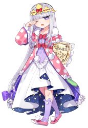 Rule 34 | 1girl, ;o, arm behind back, aurora sya lis kaymin, blunt bangs, blunt ends, bow, circlet, collarbone, dotaku, drawstring, dress, flats, frilled pillow, frilled sleeves, frills, full body, hair ribbon, hand up, head tilt, highres, holding, holding pillow, jitome, kneehighs, layered dress, light purple hair, long sleeves, looking at viewer, maou-jou de oyasumi, official art, one eye closed, open clothes, open mouth, open robe, patch, pillow, pink bow, pink footwear, polka dot, pom pom (clothes), puffy sleeves, purple bow, purple eyes, purple socks, red bow, ribbon, ribbon trim, robe, rubbing eyes, shoes, sidelocks, sleepy, socks, solo, star (symbol), star in eye, starry sky print, symbol in eye, transparent background, tress ribbon, walking, wide sleeves