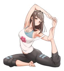 Rule 34 | 1girl, absurdres, armpits, barefoot, blouse, brown eyes, brown hair, capri pants, chest tattoo, feet, flower, highres, long hair, looking at viewer, lotus, pants, parted lips, shirt, sleeveless, sleeveless shirt, soles, solo, stretching, tattoo, toes
