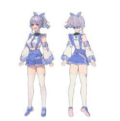 Rule 34 | 1girl, artist request, breasts, collar, crop top, detached sleeves, frilled collar, frills, full body, gradient hair, grey hair, hair ribbon, loafers, medium breasts, multicolored hair, multiple views, official alternate costume, official art, open mouth, phantasy star, phantasy star online 2, phantasy star online 2 new genesis, pink eyes, ponytail, popona, ribbon, shoes, shorts, smile, suspenders, thighhighs, turnaround
