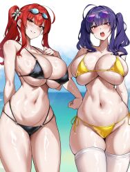 Rule 34 | 2girls, areola slip, aviator sunglasses, azur lane, bare shoulders, beach, bikini, black bikini, blue hair, blush, breasts, cleavage, collarbone, eyewear on head, goggles, goggles on head, grin, highres, kirome (kamipaper), large breasts, long hair, looking at viewer, multiple girls, navel, official alternate costume, open mouth, pola (azur lane), pola (seaside coincidence) (azur lane), red hair, side ponytail, sidelocks, skindentation, smile, sunglasses, swimsuit, thighs, twintails, wet, yellow bikini, yellow eyes, zara (azur lane), zara (poolside coincidence) (azur lane)