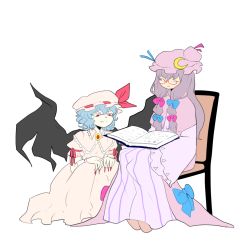 Rule 34 | 2girls, bat wings, blue hair, book, chair, crescent, crescent hair ornament, fang, fingernails, hair ornament, hat, kia (tumblr), long fingernails, long hair, mob cap, multiple girls, nail polish, one eye closed, open book, patchouli knowledge, purple hair, reading, red eyes, red nails, remilia scarlet, sitting, smile, squatting, touhou, transparent background, wavy hair, wings