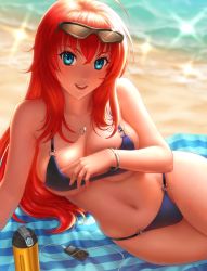 Rule 34 | 10s, 1girl, bad id, bad pixiv id, beach, bikini, blue eyes, blush, bracelet, breasts, cleavage, curvy, digital media player, eyewear on head, female focus, high school dxd, highres, jewelry, large breasts, long hair, looking at viewer, navel, necklace, ocean, open mouth, outdoors, red hair, rias gremory, seeker (shzyu), sitting, smile, solo, sunglasses, swimsuit, thick thighs, thighs, underboob, water, wide hips