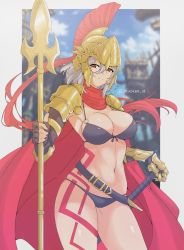 Rule 34 | 1girl, akazuan 19, armor, bikini, blush, breasts, brown eyes, cape, gauntlets, grey hair, helmet, highres, holding, holding polearm, holding sword, holding weapon, large breasts, linea alba, looking at viewer, original, polearm, red cape, short hair, shoulder armor, simple background, solo, spear, string bikini, swimsuit, sword, tattoo, weapon, wide hips, yellow headwear