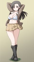 Rule 34 | 1girl, arms behind head, asymmetrical bangs, black hair, blush, boots, bra, breasts, brown eyes, chi-hatan military uniform, cleavage, closed mouth, collarbone, covered erect nipples, full body, girls und panzer, highres, jacket, large breasts, long hair, looking at viewer, military uniform, miniskirt, nishi kinuyo, open clothes, open jacket, skirt, smile, solo, underwear, uniform, white bra, yellow skirt, yts takana