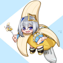 Rule 34 | &gt;:), 1girl, :d, amane kanata, angel, angel wings, armband, asymmetrical hair, banana, banana costume, blue eyes, blue hair, chibi, costume, cuffs, dated, food, fork, frilled sleeves, frills, fruit, gradient eyes, hair between eyes, halo, hololive, kagelantern, looking at viewer, multicolored eyes, multicolored hair, open mouth, pink eyes, recursion, silver hair, smile, solo, streaked hair, v-shaped eyebrows, virtual youtuber, wide sleeves, wings