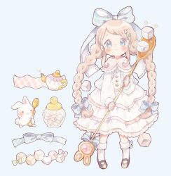 Rule 34 | 1girl, ankle socks, black footwear, blonde hair, blue background, blue bow, blue eyes, blue jacket, blue ribbon, blush stickers, bow, braid, buttons, capelet, closed mouth, commentary, diamond button, dress, eyelashes, frilled capelet, frilled dress, frills, full body, green bow, hair bow, heart, highres, holding, holding spoon, jacket, jar, lace bow, long hair, long sleeves, looking at viewer, mary janes, mokarooru, multicolored buttons, multiple hair bows, open clothes, open jacket, original, oversized food, oversized object, pink bow, pink capelet, polka dot, polka dot bow, puffy long sleeves, puffy sleeves, rabbit, ribbon, ribbon-trimmed capelet, ribbon legwear, shoes, simple background, smile, socks, solo, spoon, star (symbol), steam, striped, striped bow, sugar cube, sweater jacket, symbol-only commentary, teapot, twin braids, very long hair, white dress, white socks