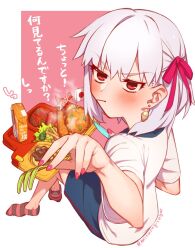 Rule 34 | 1girl, blue shorts, blush, breasts, earrings, fate/grand order, fate (series), food, fork, hair ribbon, highres, jewelry, kama (fate), knife, looking at viewer, looking back, mitsurugi sugar, pout, red eyes, ribbon, shirt, short hair, short sleeves, shorts, sitting, small breasts, socks, thighs, translation request, tray, white hair, white shirt