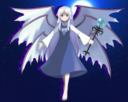 Rule 34 | angel, asatsuki (fgfff), barefoot, blue dress, blue hair, closed mouth, collared shirt, dress, full body, full moon, happy, holding, holding staff, long dress, long hair, long sleeves, moon, multiple wings, night, night sky, red eyes, sariel (touhou), seraph, shirt, sky, smile, staff, touhou, touhou (pc-98), very long hair, white shirt, wide sleeves, wings