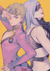 Rule 34 | 2boys, 723 (tobi), back-to-back, black shirt, blonde hair, braid, braided ponytail, covering one eye, giorno giovanna, green eyes, highres, jacket, jojo no kimyou na bouken, long hair, long sleeves, looking at viewer, looking to the side, mask, melone, multiple boys, pink jacket, purple hair, shirt, simple background, smile, tongue, tongue out, vento aureo, yellow background