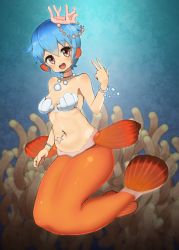 Rule 34 | 1girl, :d, animal ears, bare shoulders, blue hair, blush, breasts, commentary request, coral, fins, hair between eyes, hair ornament, hand up, head fins, highres, looking at viewer, medium breasts, mermaid, monster girl, navel piercing, nijitama shiyushiyu, open mouth, original, piercing, pink eyes, shell, shell bikini, short hair, smile, solo, underwater, w, wristband