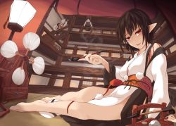 Rule 34 | 3girls, animal ears, architecture, arm up, balcony, barefoot, black hair, clothes between thighs, come hither, commentary request, detached sleeves, east asian architecture, from behind, from below, hakama, hakama short skirt, hakama skirt, hand fan, head tilt, highres, himekaidou hatate, holding, holding smoking pipe, indoors, inubashiri momiji, japanese clothes, kagami toufu, kiseru, kourindou tengu costume, lamp, looking at viewer, multiple girls, no panties, obi, on railing, parted lips, pelvic curtain, pointy ears, railing, reclining, red eyes, sash, shameimaru aya, short hair, sitting, skirt, smoke, smoking, smoking pipe, stairs, tail, tatami, touhou, twintails, white hair, wolf ears, wolf tail