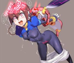 Rule 34 | 1girl, ahegao, aile (mega man zx), android, blush, bodystocking, breasts, brown hair, commentary request, corruption, covered erect nipples, covered navel, drooling, electricity, electrostimulation, female ejaculation, female ejaculation through clothes, gloves, glowing, grey background, hacking, heart, heart-shaped pupils, lactation, lactation through clothes, medium breasts, mega man (series), mega man zx, mind control, navel, open mouth, pubic tattoo, puffy short sleeves, puffy sleeves, raised eyebrows, rape, saliva, short hair, short sleeves, simple background, skin tight, solo, speech bubble, spoken heart, symbol-shaped pupils, tattoo, teeth, tongue, tongue out, translated, trembling, ukimukai, upper teeth only