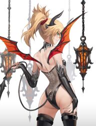 Rule 34 | 1girl, absurdres, ass, back, bare shoulders, black thighhighs, blonde hair, breasts, bridal gauntlets, demon horns, demon tail, demon wings, detached collar, detached sleeves, fate/apocrypha, fate (series), green eyes, highleg, highleg leotard, highres, horns, leotard, long hair, looking at viewer, looking back, mordred (fate), mordred (fate/apocrypha), ponytail, see-through, see-through leotard, sidelocks, small breasts, smile, solo, tail, thighhighs, tonee, variant set, wings