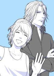 Rule 34 | 1boy, 1girl, bare shoulders, blue background, braid, breasts, brother and sister, closed eyes, crossed arms, dress, final fantasy, final fantasy xv, grey shirt, highres, long sleeves, looking at viewer, lunafreya nox fleuret, medium breasts, medium hair, monochrome, open mouth, parted bangs, ponytail, ravus nox fleuret, sd supa, shirt, siblings, sleeveless, sleeveless dress, smile, swept bangs, upper body, waving, wavy hair, white dress