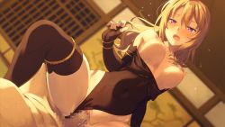 Rule 34 | 1boy, 1girl, black gloves, black thighhighs, blonde hair, blurry, blurry background, bouncing breasts, breasts, breasts out, censored, clothing aside, covered navel, cowgirl position, depth of field, dutch angle, elbow gloves, fingerless gloves, game cg, girl on top, gloves, hetero, highres, kinta (distortion), leotard, leotard aside, long hair, medium breasts, mosaic censoring, nipples, open mouth, penis, purple eyes, sengoku hime 7, sex, solo focus, straddling, sweat, thighhighs, vaginal