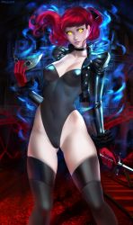 Rule 34 | 1girl, absurdres, black jacket, black leotard, black thighhighs, bow, breasts, cameltoe, covered navel, gloves, hair bow, highres, huge filesize, jacket, leotard, long hair, long sleeves, looking at viewer, persona, persona 5, persona 5 the royal, ponytail, ragecndy, red gloves, red hair, ribbon, smile, solo, sword, thighhighs, weapon, yellow eyes, yoshizawa kasumi
