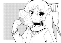 Rule 34 | 1girl, amatsukaze (kancolle), ataru (ataru-littlebird), choker, commentary request, dress, folding fan, greyscale, hair tubes, hand fan, hat, kantai collection, lifebuoy ornament, looking at viewer, mini hat, monochrome, one-hour drawing challenge, sailor collar, sailor dress, smile, solo, two side up, upper body